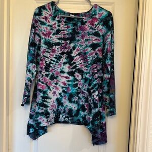 Purple and Green Tie Dye Asymmetrical Long Sleeve Tunic‎